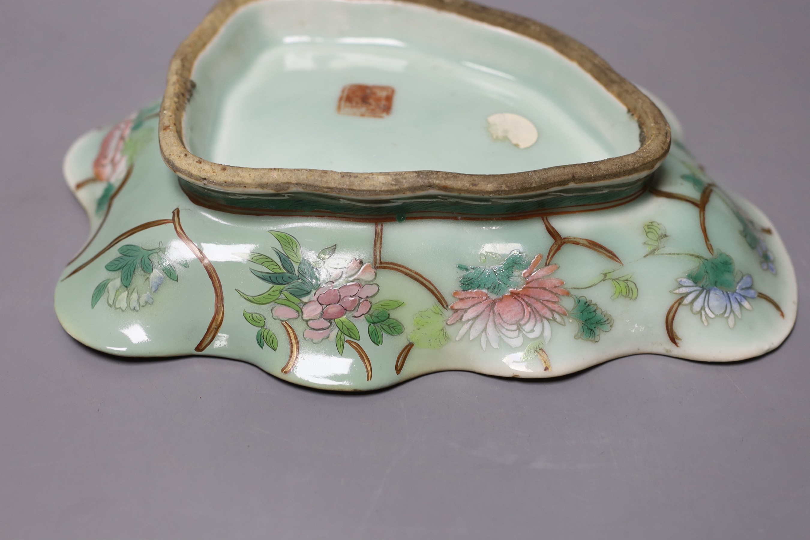 A 19th century Chinese famille rose celadon ground dish - 26.5cm long